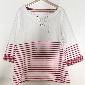 Talbots Red Striped Gingham Rope Lace Pullover Top Size 3X Coastal Naut